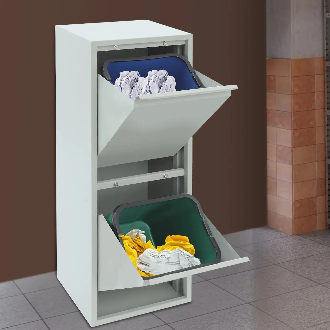 

15 Gallons Waste and Recycling Cabinet with 2 Buckets Trash and Recycling Organizer Tilt Out Trash Bin Cabinet for Kitchen Home