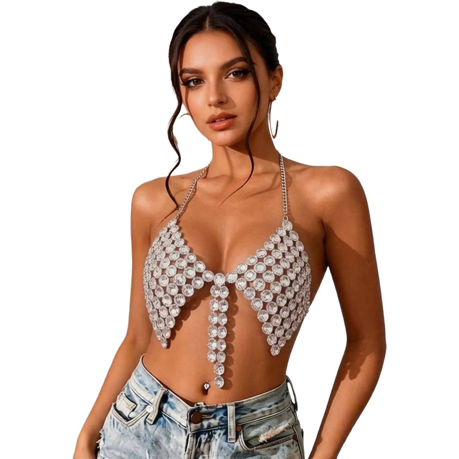Womens Shiny Sequin Chain Halter Top Sleeveless Body Jewelry Top for Rave Club Music Festival Party Show Wear Stage Performance