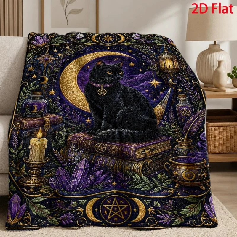Mystical Black Cat Moon Crystal Flannel Throw Blanket, Witchcraft Book Candle Herb Star Crescent Print Soft Blanket