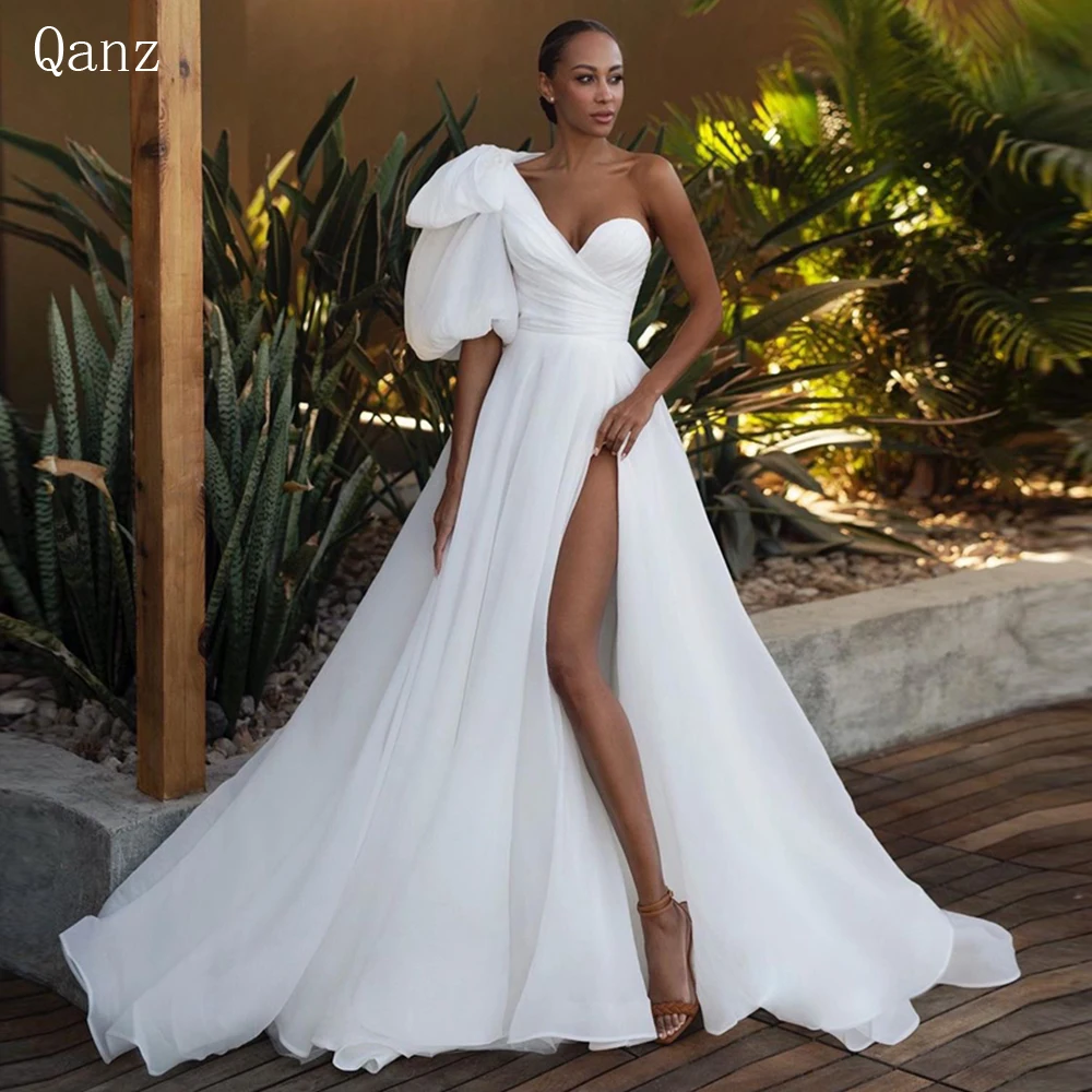 

Qanz A-line Robes De Mariage Organza Wedding Dress Sexy Side Slit Trouwjurk Simple One Puff Sleeve Hochzeitskleid Abito Da Sposa