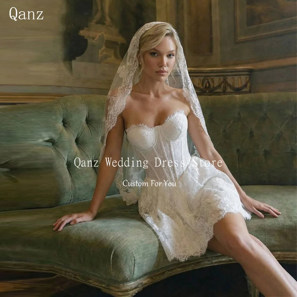 

Qanz Boho Lace Appliques Wedding Dress Mini A Line Ivory Robe De Mariée Sweetheart Short Vestido De Novia Boda Customized