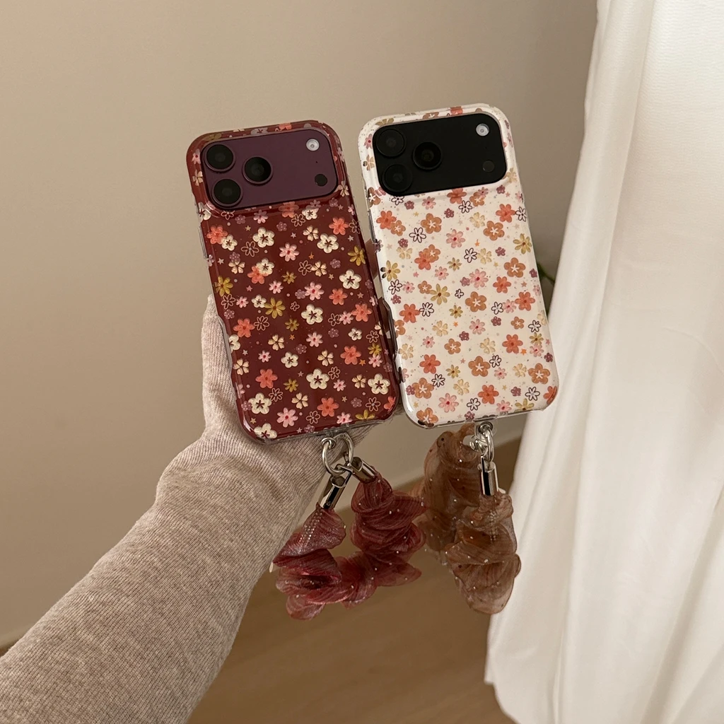 Funda Protectora Antigolpes para Teléfono con Diseño Vintage de Flores Marrones Estilo Maillard y Cordón para iPhone 18 17 16 15 Pro Max
