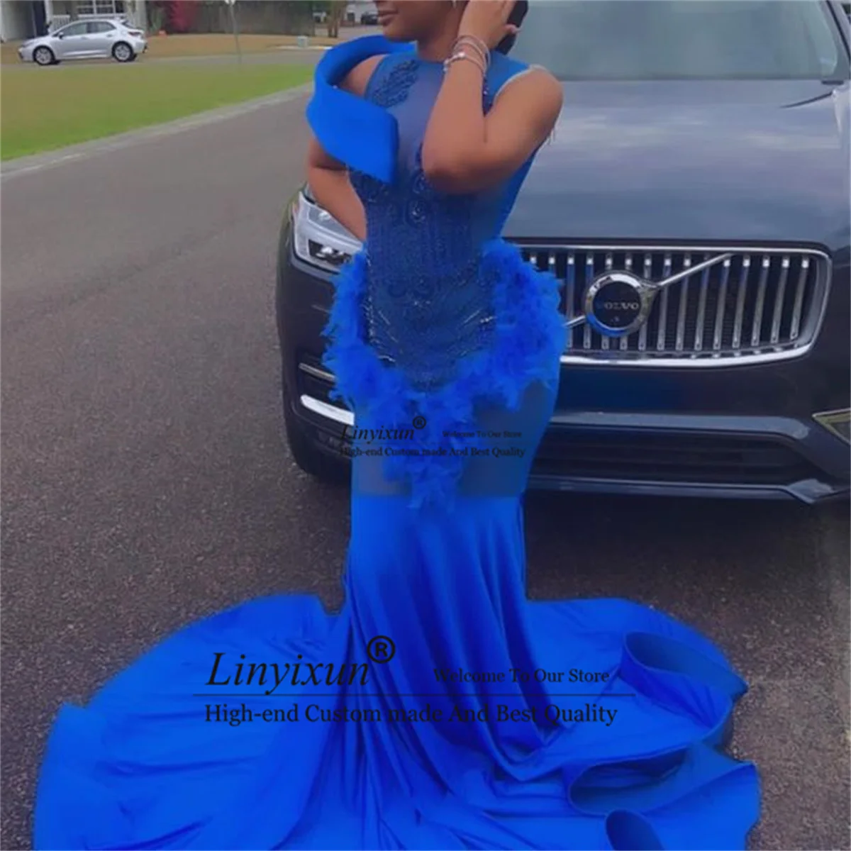 Royal blue Rhinestone Prom Dresses 2024 Sheer Neck  Black Girls Party Gala Gowns Feathers Evening Dress vestidos de gala