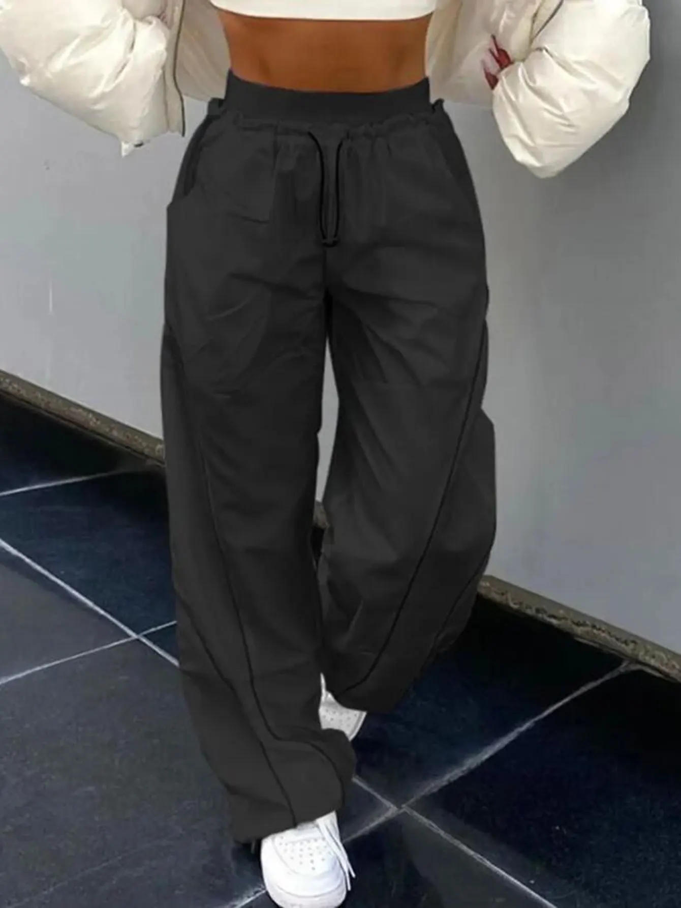 بنطال كاجوال مستقيم الساق بطول كامل يناسب منتصف الخصر ملابس سفلية نسائية مريحة فضفاضة بنطلون عصري كاجوال