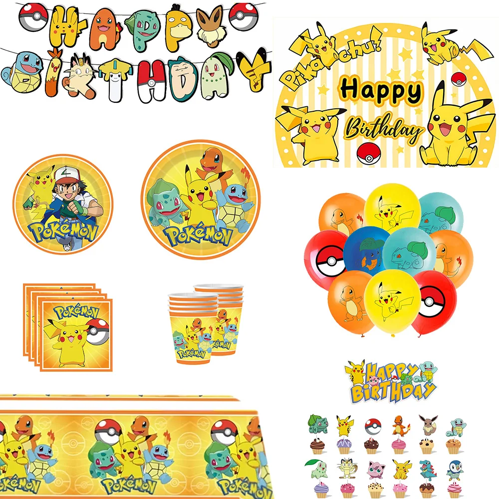 Decoración para fiesta de cumpleaños de Pokémon, platos de Pikachu de Anime, mantel, globo, pancarta, decoración para pastel, regalo de cumpleaños para niños, Baby Shower