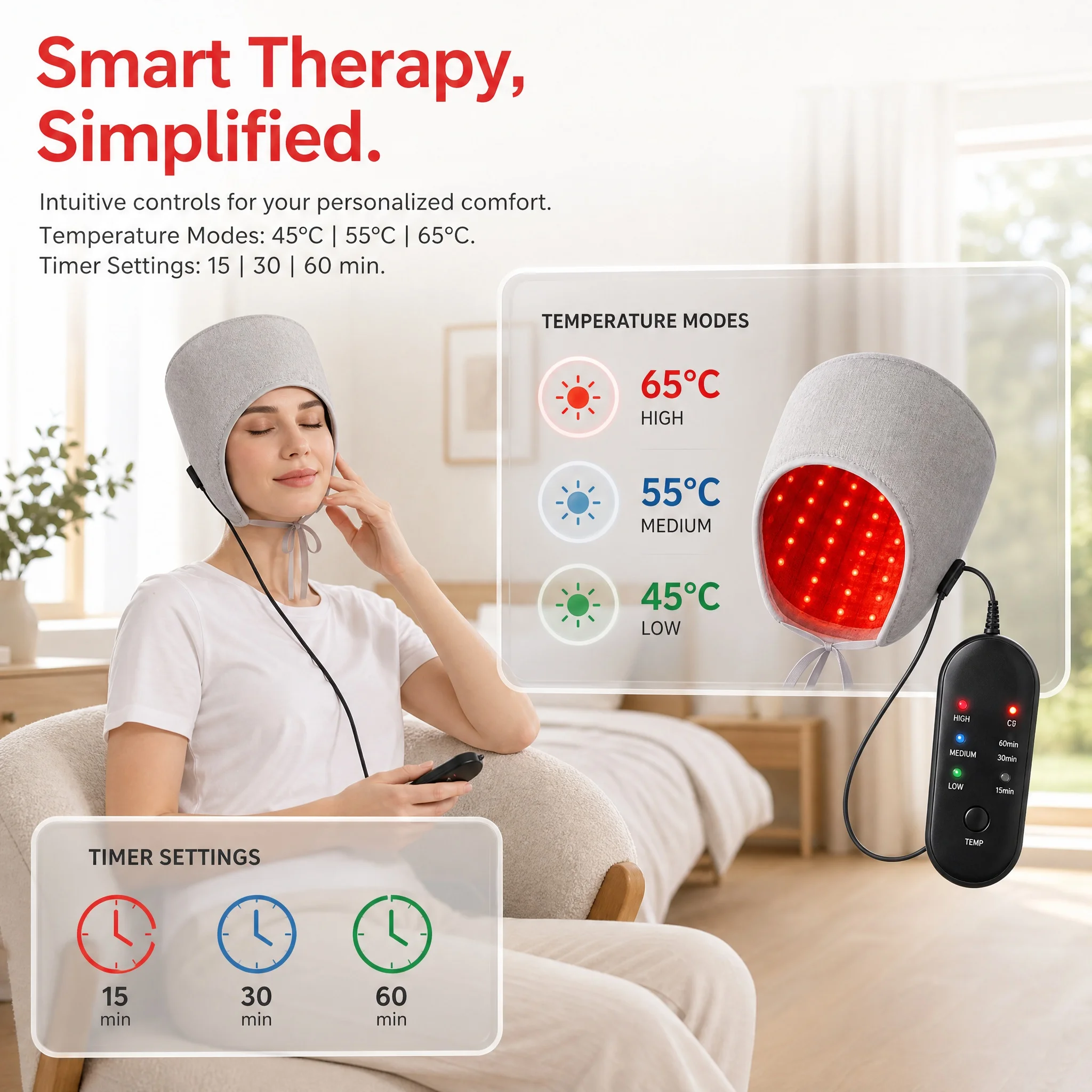 660nm Red Light Heating Cap Winter Warm Relieve Fatigue Home Relax 3 Modes 192 LEDs Wellness Cap