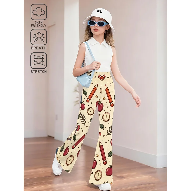 Girls All Over Print Flare Pants Stretchy Bell Bottom Leggings Elastic Waist Pants for Tween Teens Back to School Outfit