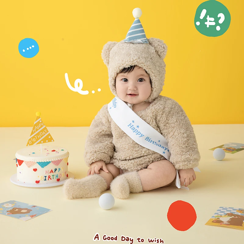 Baby Photography Clothes Plush Bear Hat Jumpsuit Set 3-5 Month Baby Outfit Birthday Cake Theme Photo Props Studio Accessories