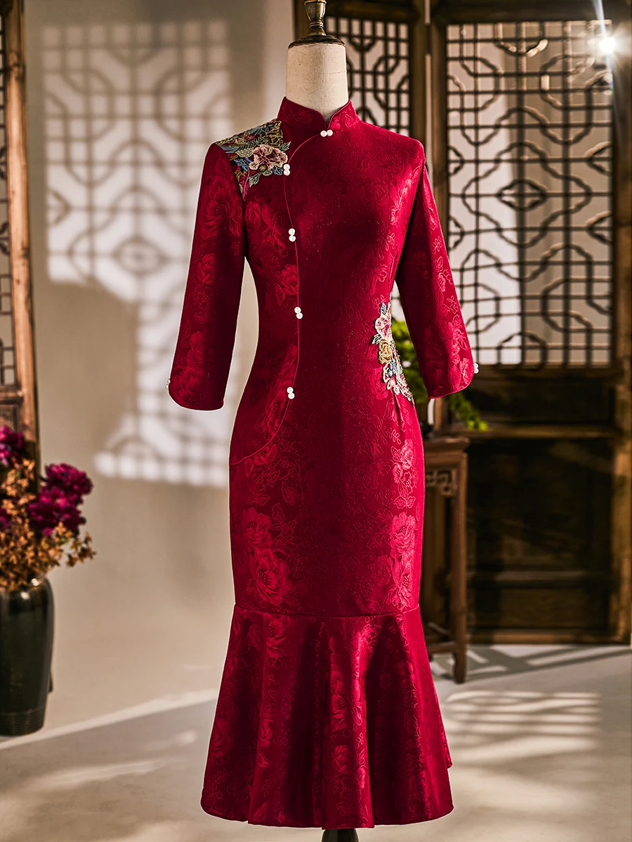 

Ele Long Sve Embroidered Wedding Dr Fi Tail Evening Gown Vintage Sle Polyester Fabric for Engagement Parties