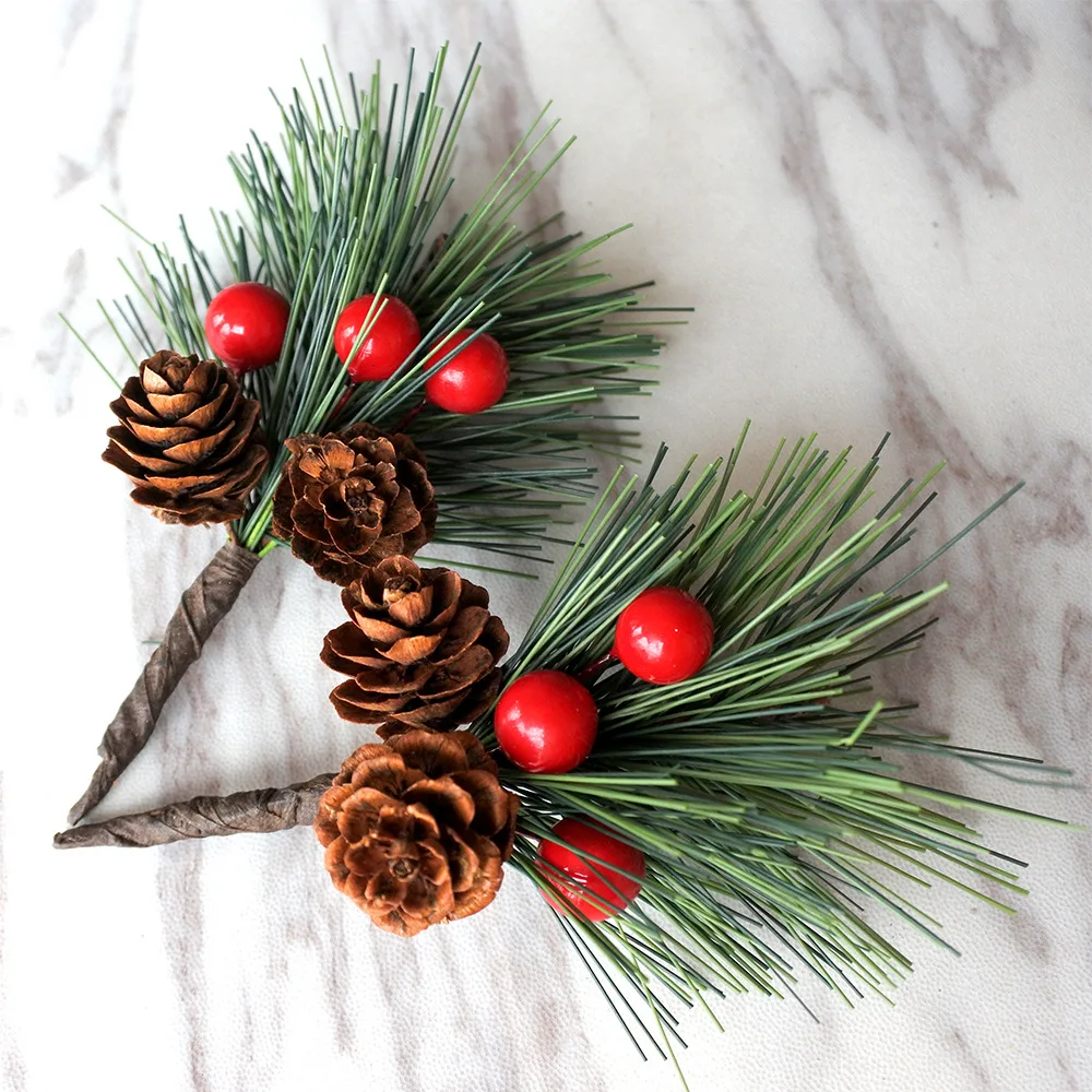 3pcs Pine Needle Mini Christmas Tree Accessories Gift Box Decor Artificial Flower Xmas Decorative Ornament Desktop Red Fruit