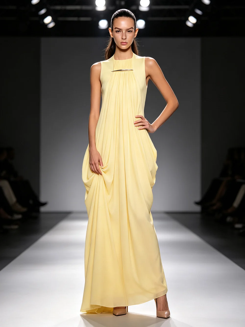 Modphy Elegant Vintage Spliced Ribbon Dresses for Women O Neck Sleeveless bodycon Folds Evening Luxurious Maxi Dress Female