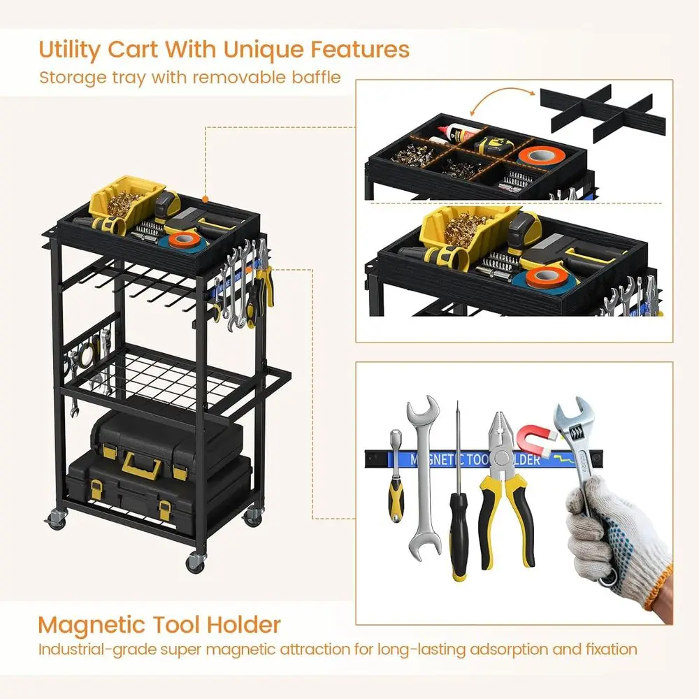 Carrello Portautensili a 4 Ripiani con Striscia Magnetica, Rack Mobile per Officina, Garage e Regalo per Uomini