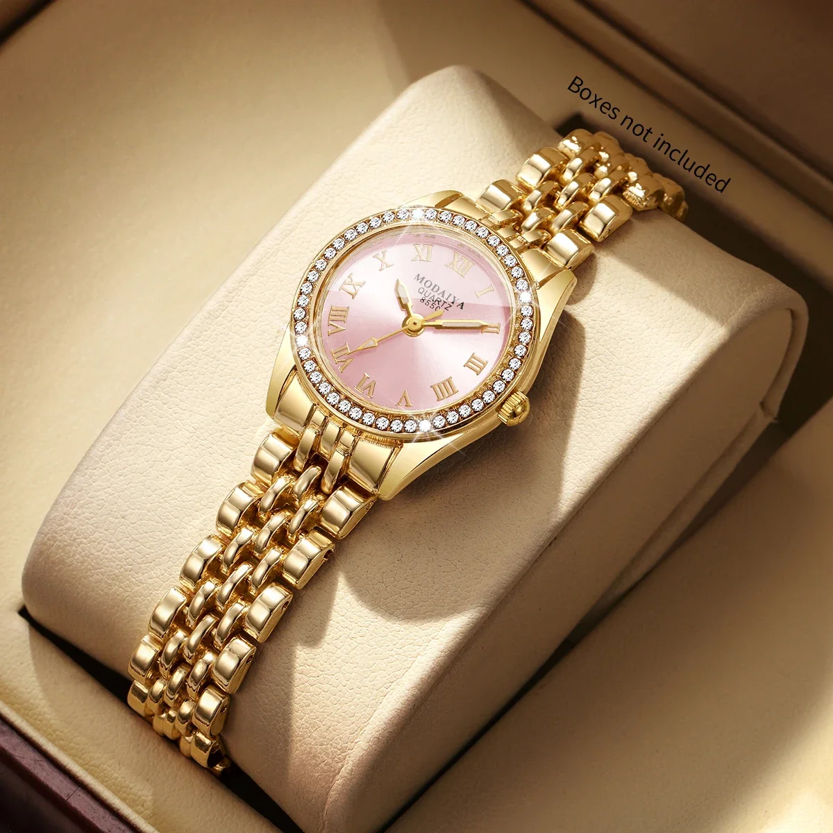 Elegant Golden Bracelet Strap Women Quartz Watch Rhinestone Pink Dial Ladies Dress Wristwatches Relogio Feminino（Without Box）