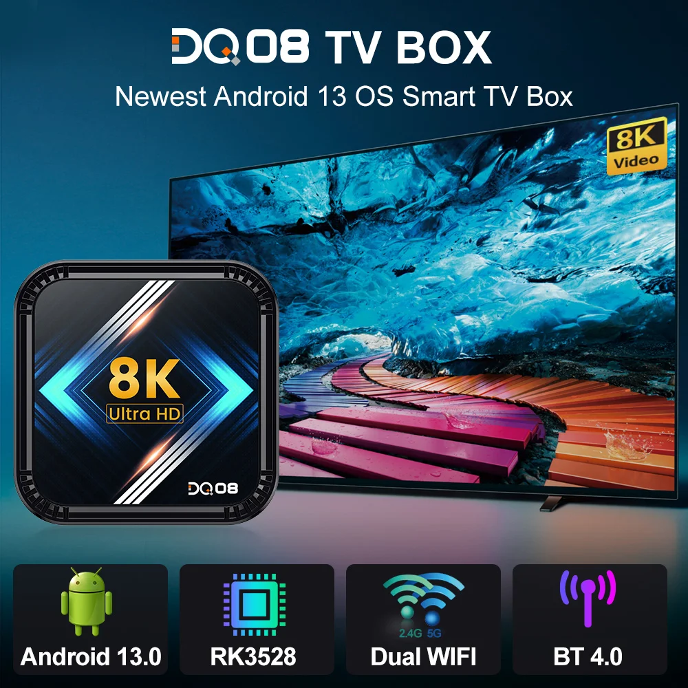 DQ08 RK3528 صندوق التلفزيون الذكي أندرويد 13 رباعي النواة Cortex A53 يدعم 8K فيديو 4K @ 60fps HDR10 + 2.4 & 5G Dual WifiBT4.0 Google Voice