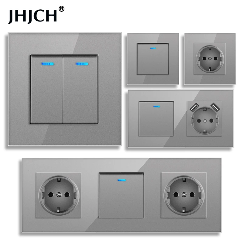 

Jhjch 16A EU Standard Wall Socket Crystal Glass Panel Power Outlet Grounded With Child Protective Door Grey