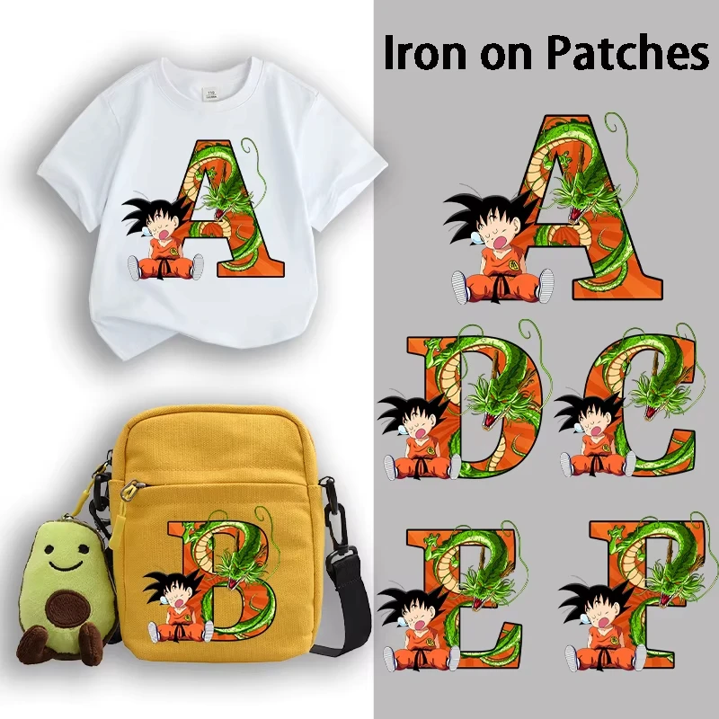 2pcs Dragon Ball Goku Iron on Patches Letter A-Z Cartoon Heat Transfer Stickers Fashion Anime DIY Clothes Trendy Clothing Decals