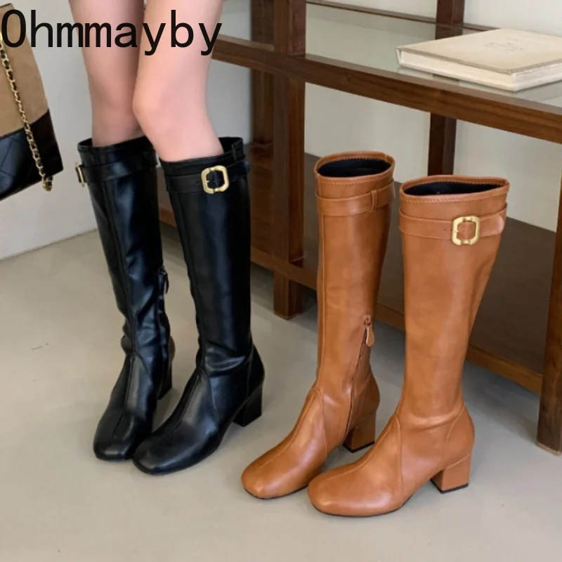 Botas Altas de Mujer Retro con Punta Cuadrada, Hebilla Metálica, Tacón Cuadrado, Cremallera Lateral, Botas Largas de Caballero, Botines Altos de Cuero Casuales y a la Moda