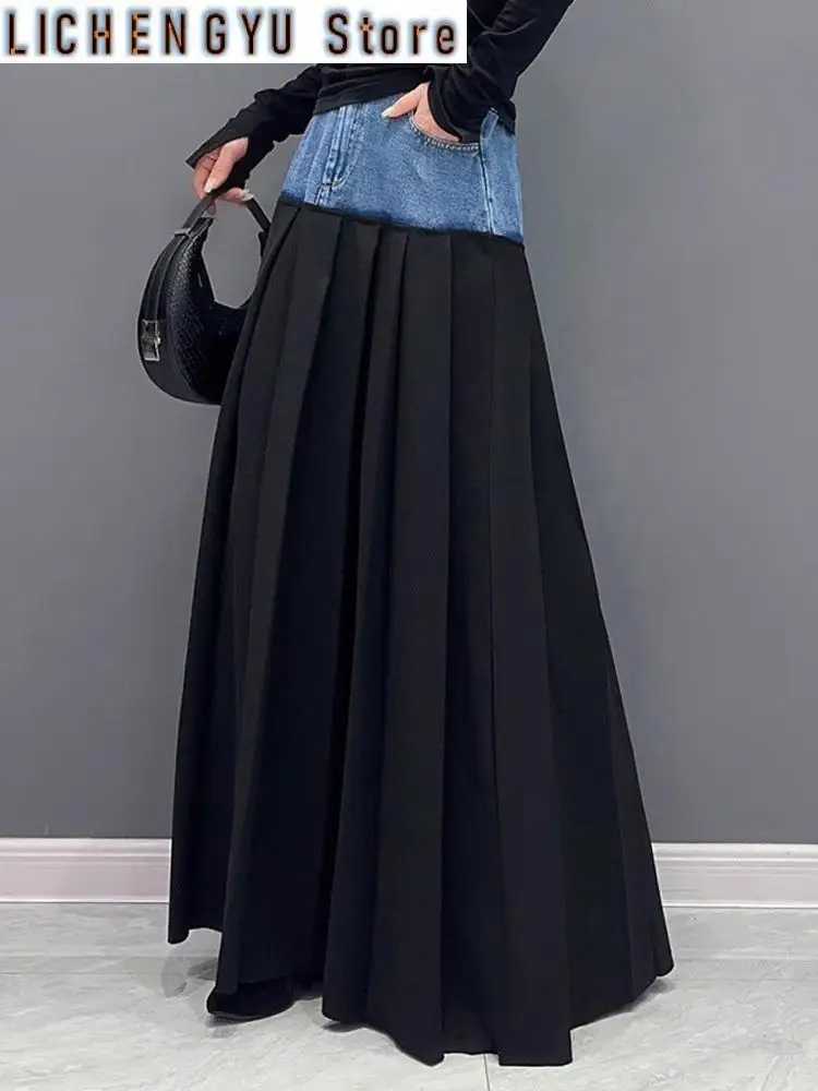 

High Elastic Waist Blue Color-block Denim Pleated A-line Half-body Skirt Women Fashion Tide New Spring Autumn