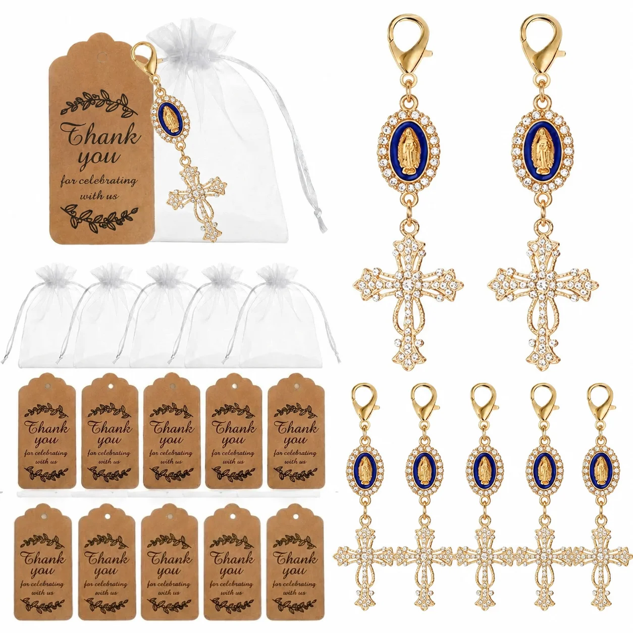 12 Sets Elegant Gold Rhinestone Cross Charm Keychains With Sheer Gift Bags & Kraft Tags - Delicate Keepsake Favors For Baptism,