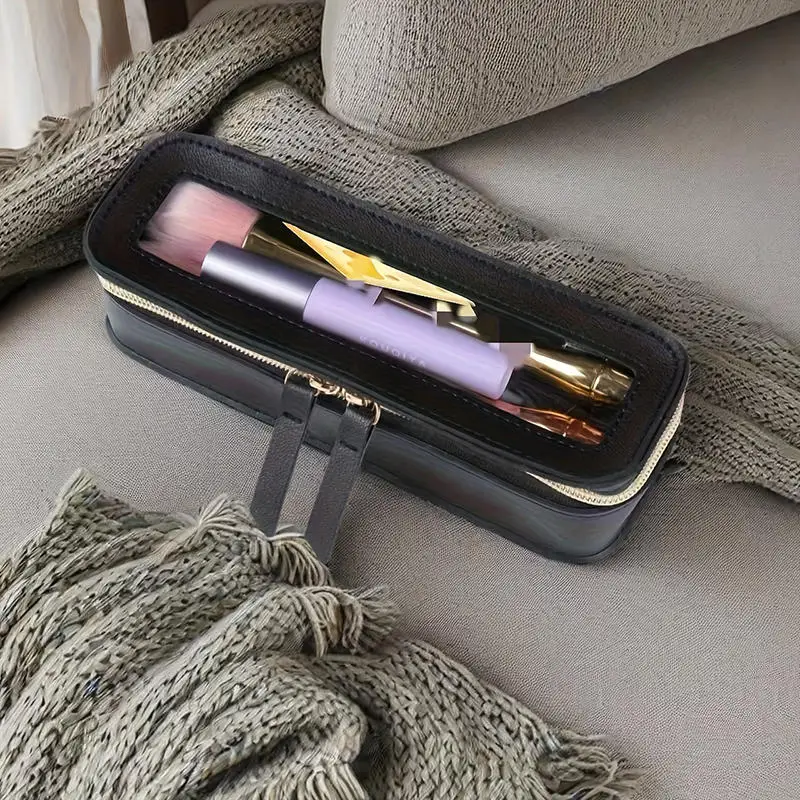 1Pc PU Leather Transparent Makeup Brush Makeup Bag Portable Storage Bag Daily Necessities Storage Accessory