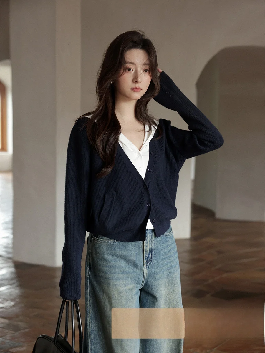 

Faionable Korean Sle Knitted Cardigan Autumn Season Light Blue Ele Top Small Size Women's Premium Quali Long Sve...