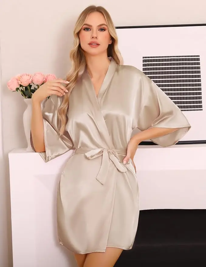 Satin Robe Female Intimate Lingerie Sleepwear Silky Bridal Wedding Gift Casual Kimono Bathrobe Gown Nightgown Sexy Nightwear image 6