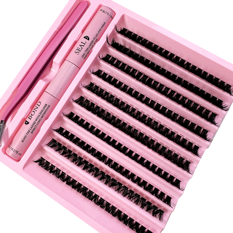 Kit de pestañas por racimos DIY 8-16mm con pegamento y sellador, pinzas para autoadhesión, extensiones de pestañas individuales 4
