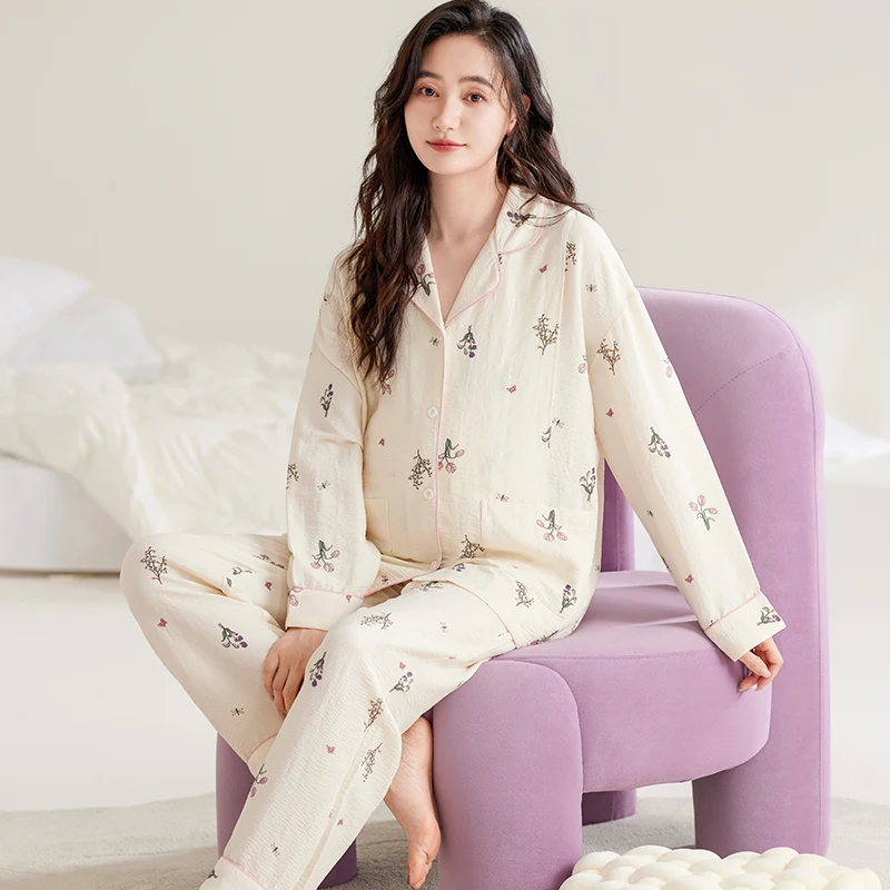 

Autumn Maternity Pregnant Woman Pajamas Suits Long Sleeve Cotton Turn-down Collar Nursing Blouse Pants Twinset Breastfeeding Set