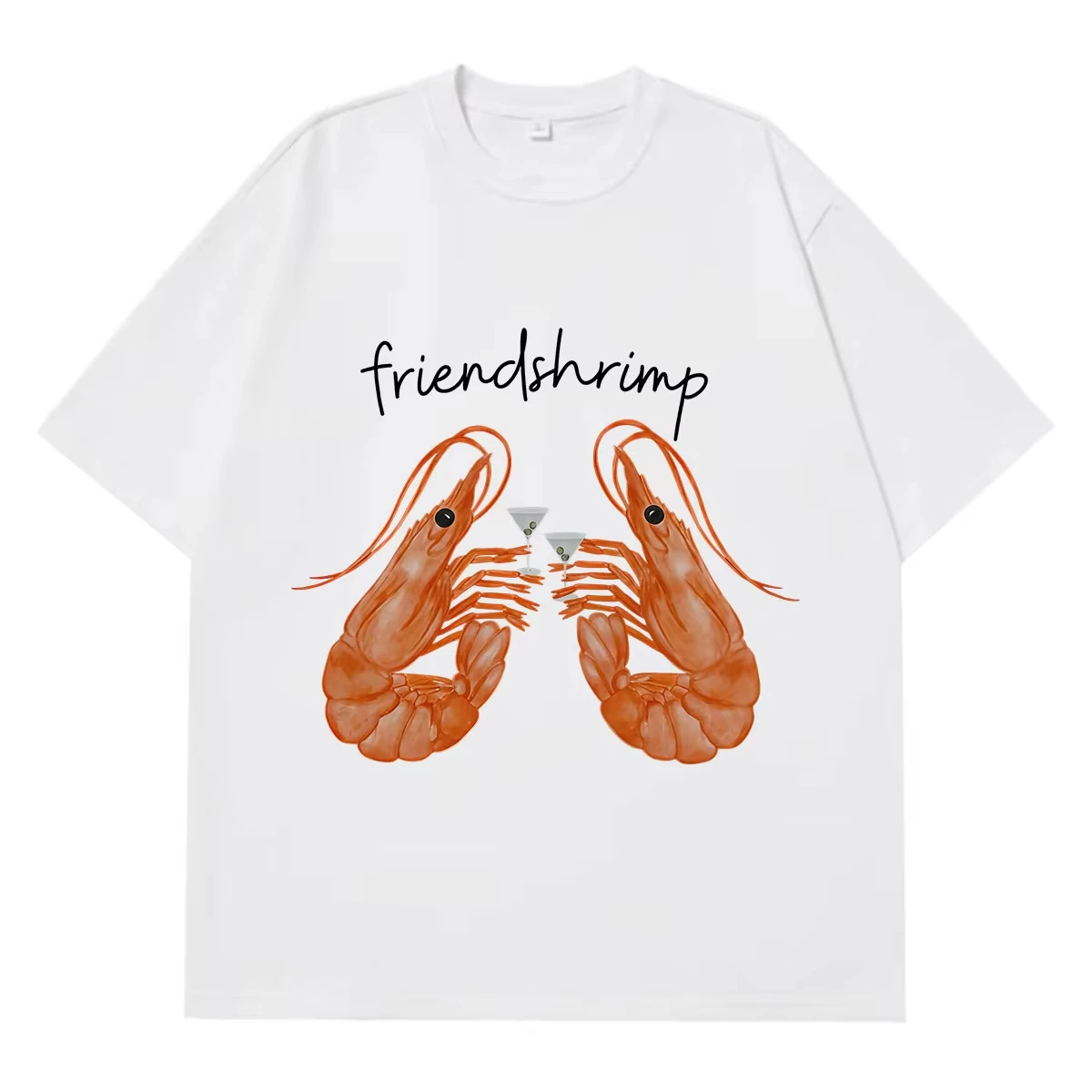 Cute Shrimp Holding Martini Cocktail Funny Friendshrimp Meme T-shirts Men Women Fashion Hip-hop Loose Casual Cotton T-shirts