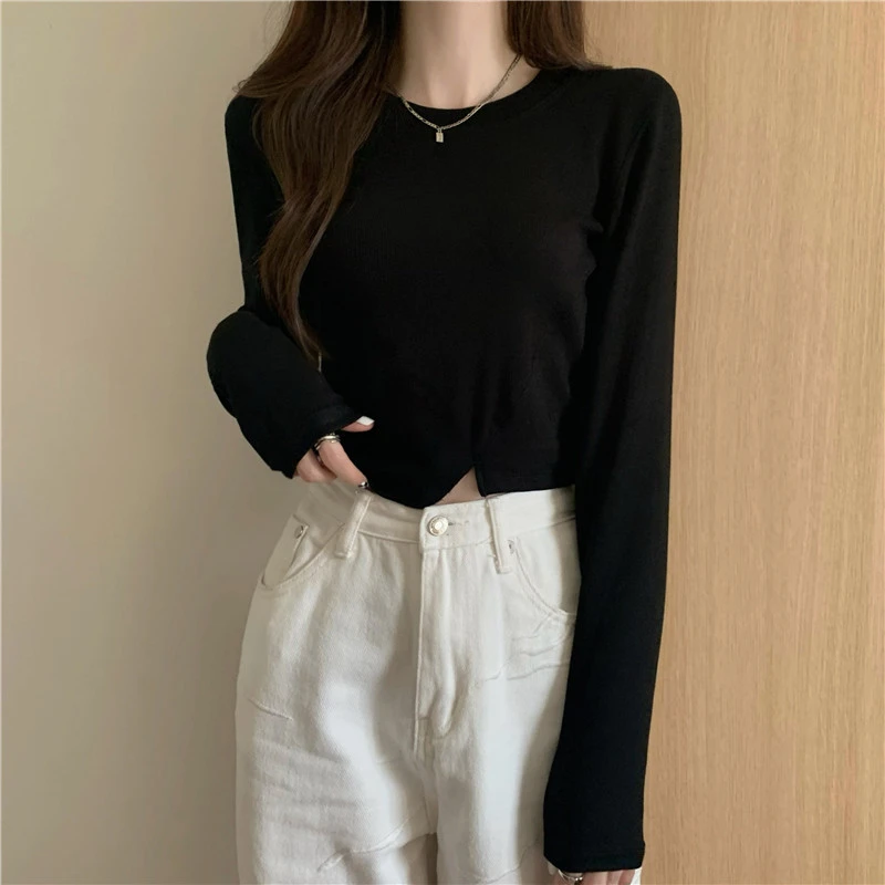 New Spring Fashion Y2K T-shirt Woman Vintage Long Sleeve Tee Shirt Femme Basic Solid Crop Top Women Solid Sexy Clothes Tshirt