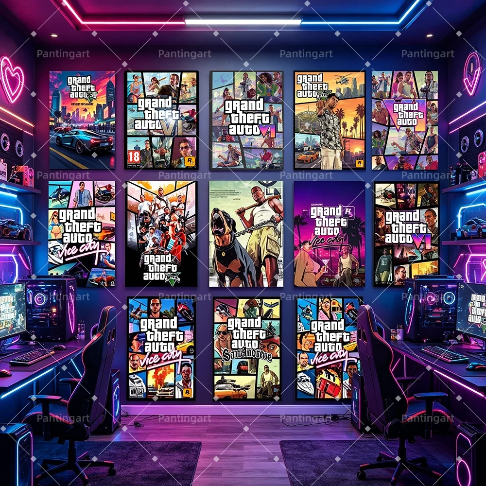 Pósteres de Lona GTA Hot G-Grand Theft Auto 6 5, Impresiones de Arte para Pared de Videojuegos, Decoración Moderna para Sala de Estar, Dormitorio, Regalos para Amantes de los Videojuegos