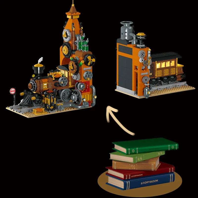 MOC 028005   Technische stad Steampunk trein boekensteun model met licht bouwstenen bakstenen montage speelgoed kerstcadeaus voor kinderen