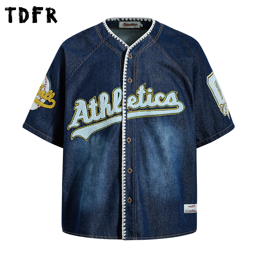 

Baseball Denim Short Sleeve Shirts Mens Letter Embroidery Summer Retro Casual Single Breasted Half-Sleeve Loose Shirts Man
