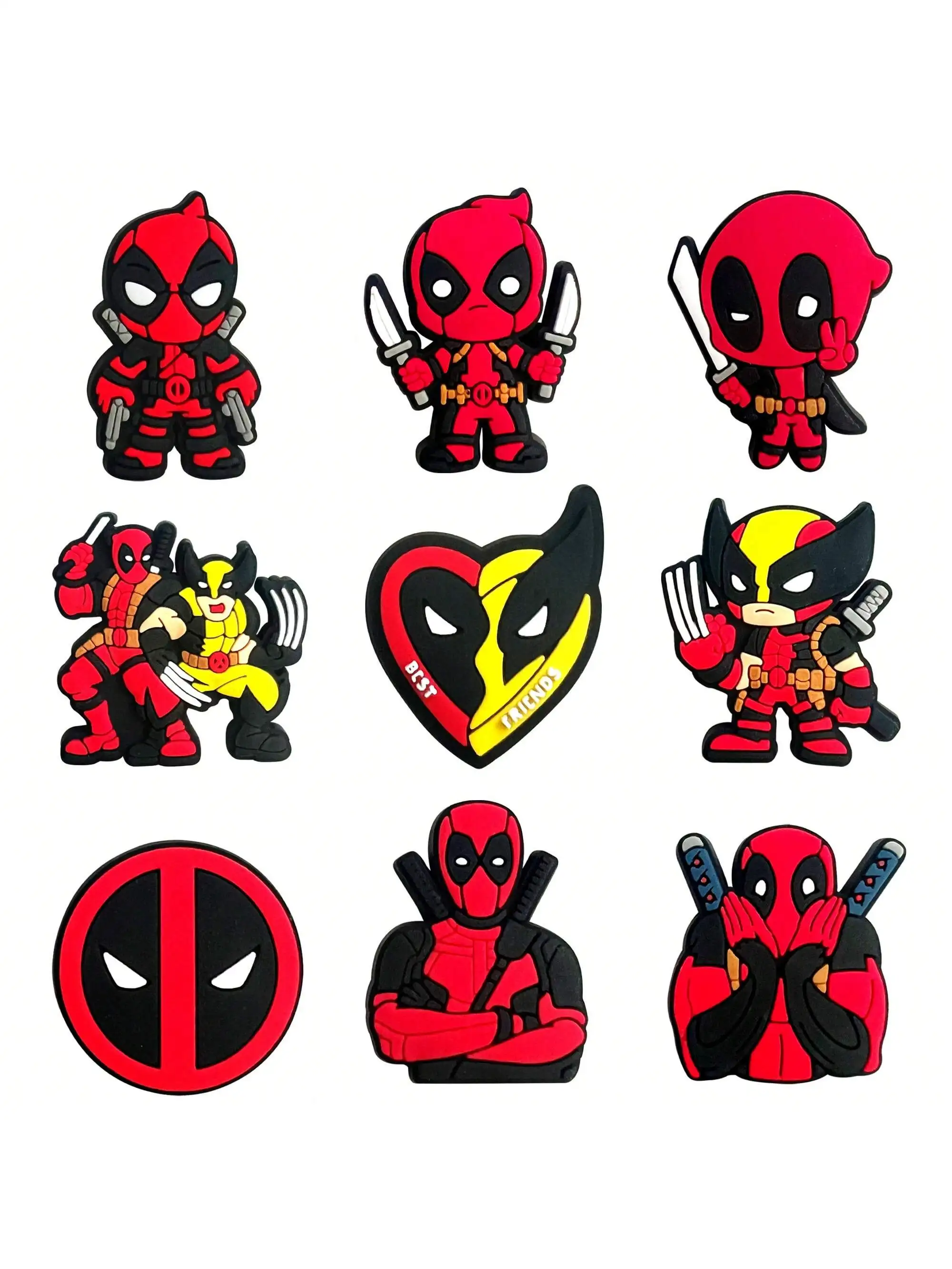 9PCS Deadpool Characters Shoe Charms for Clogs Bubble Slides Sandals, PVC Shoe Decorations Accessories for Christmas Bir