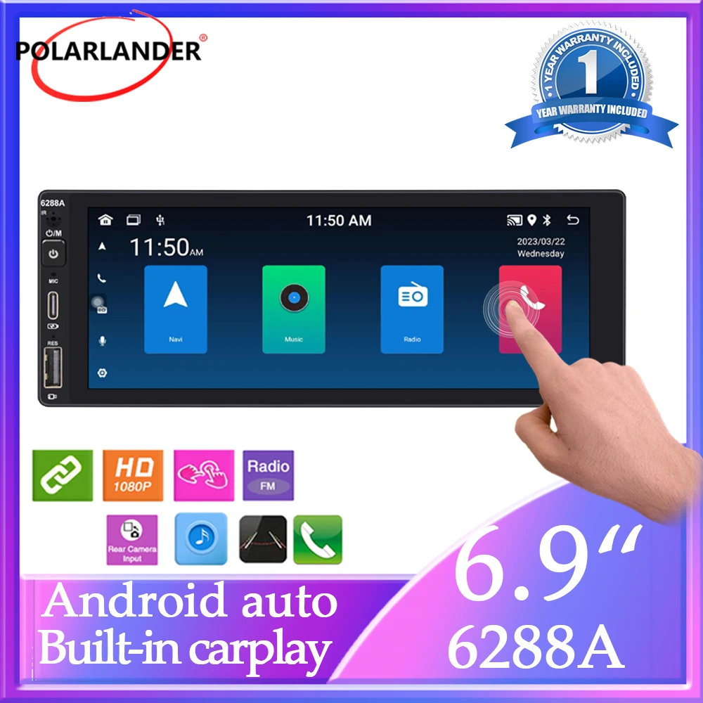 

Automotive Radio 1 DIN 6.9" Multimedia Mirror Link WIFI IPS Screen Wireless Carplay, Android Auto 2+32G AI Voice Bluetooth GPS