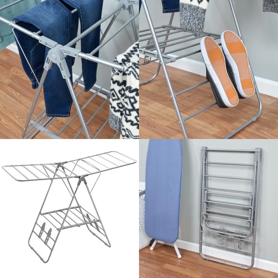 

Foldable Clothes Drying Rack with Shoe Drying Area by Home Basics Powder Coated Steel, Collapsible Design with Shelf, Ample Dry