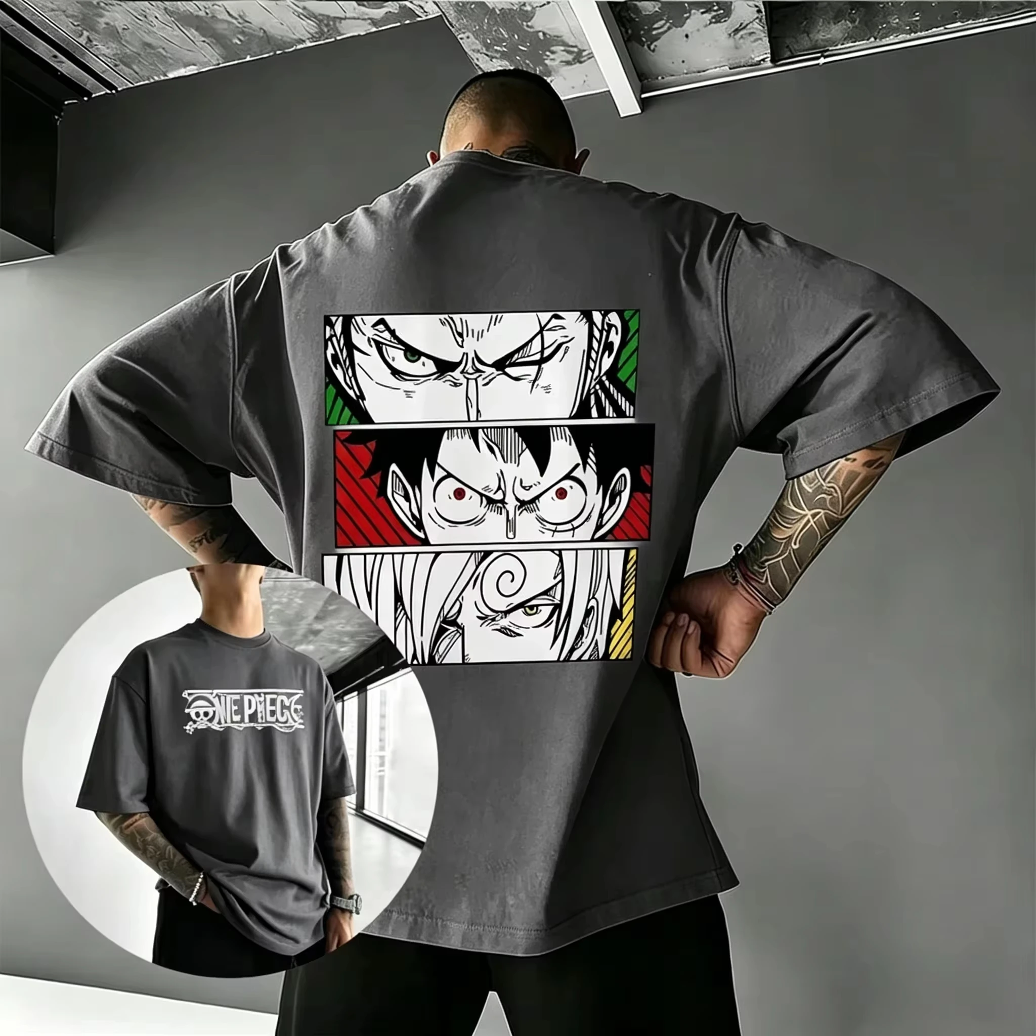 Hot Premium One Piece 3 Eyes Panels Zoro Luffy Sanji Double Side Print Soft Cotton Crewneck Unisex Oversized Harajuku Anime Tee