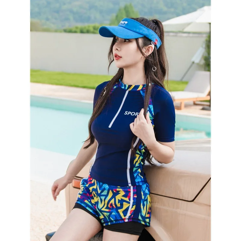 Women 2-piece Short Sleeve Rash Guard Shirts, Quick Dry Swim Front  Zipper Full Body Water Surf Swimsuit Split Bathing Suit