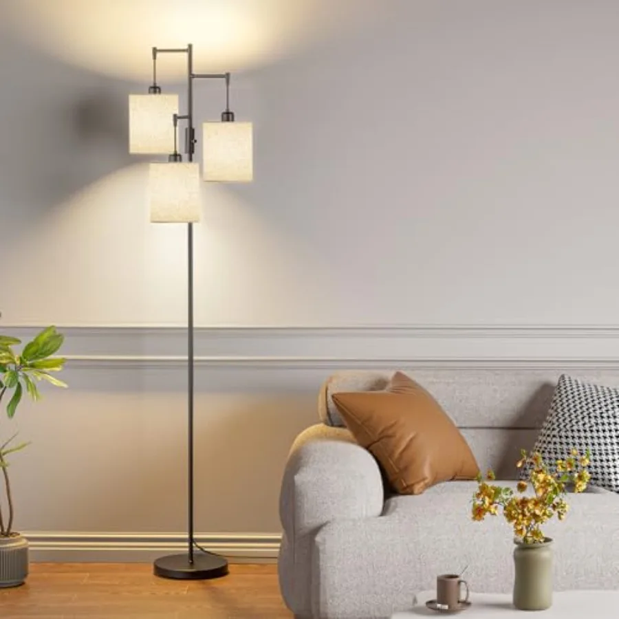 Dimmable Floor Lamp, Tall Standing Lamp with Linen Shade, Industrial Tree Floor Lamps for Living Room Bedroom Office, 3 x 1000L