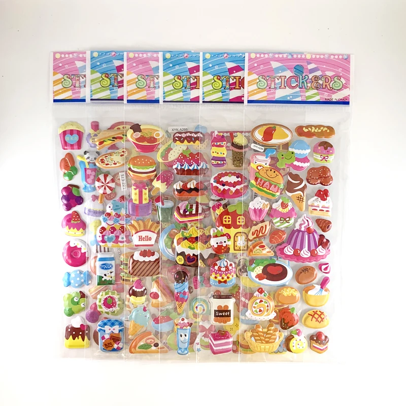 12 Sheets/Set Cartoon Bubble Stickers Burger Candy Cake Food Pattern Kids Cute Sticker for Children School Boy Girl Reward