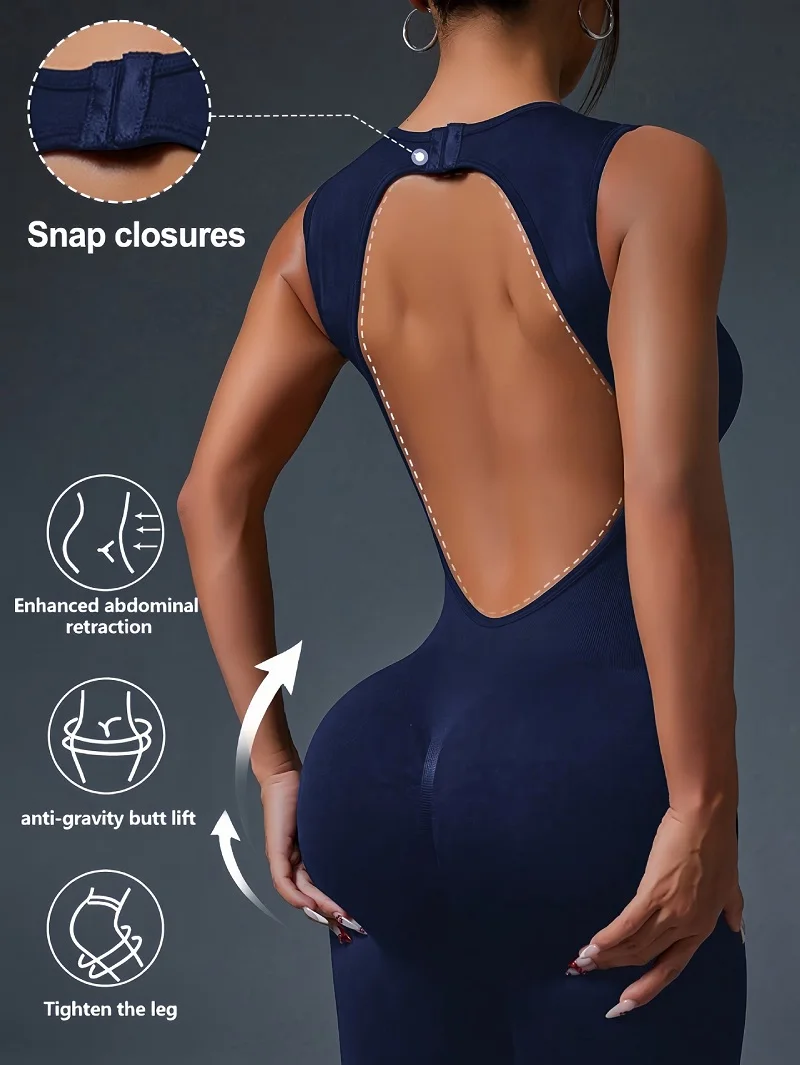 

Tight Crewneck Sleeveless Jumpsuit Y2k Zipper Closure Sports Yoga Slim Fit Long Seamless Jumpsuit High Elastic Women's Tracksuit