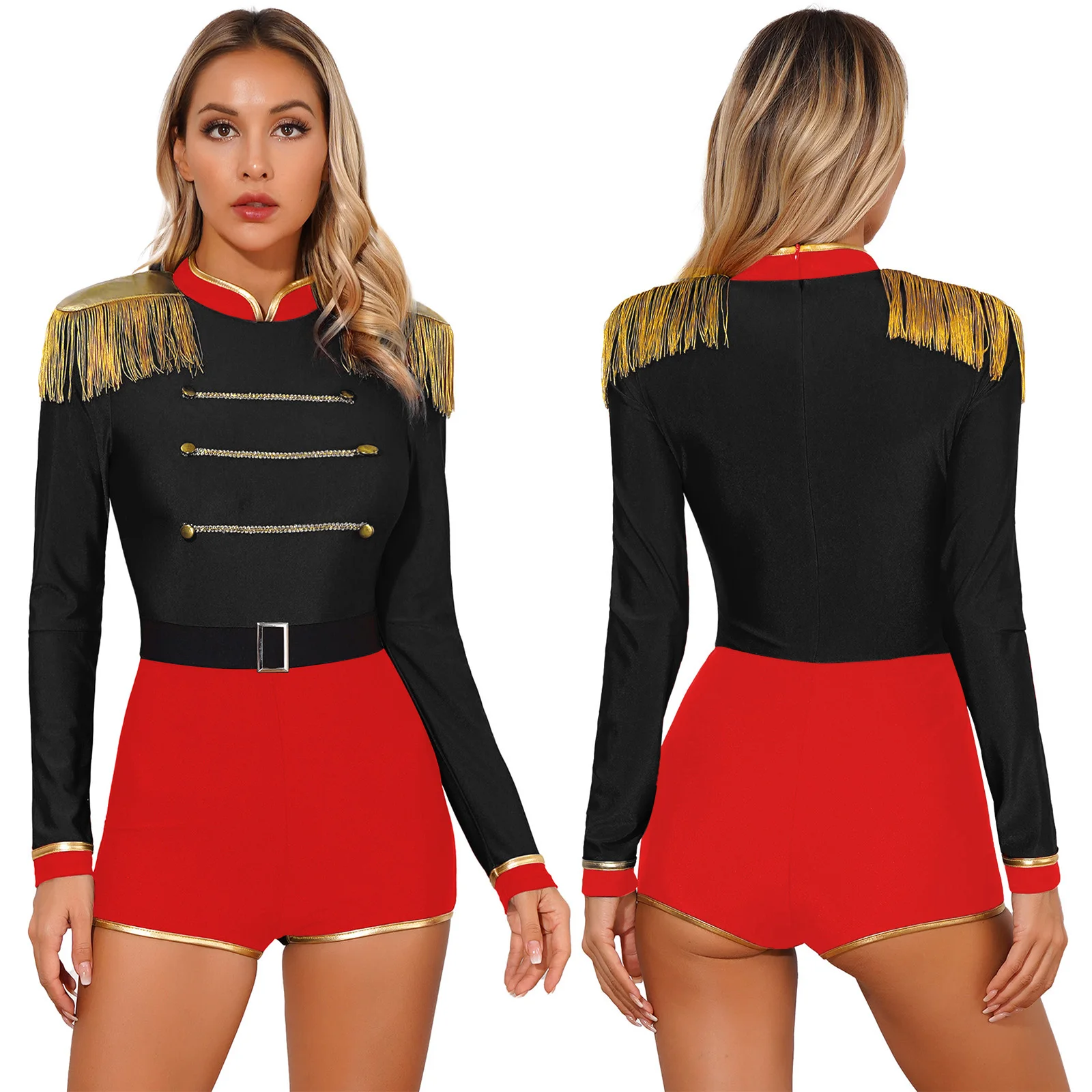 

Womens Circus Ringmaster Showman Cosplay Costume Halloween Carnival Theme Party Role Play Jumpsuit Long Sleeve Fringed Bodysuit