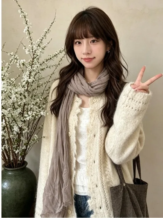 Retro Hollow out Sweater Cardigan Women's Loose Lazy Knitted Top Drawstring Autumn Winter New Style Soft Long Sleeve round Neck