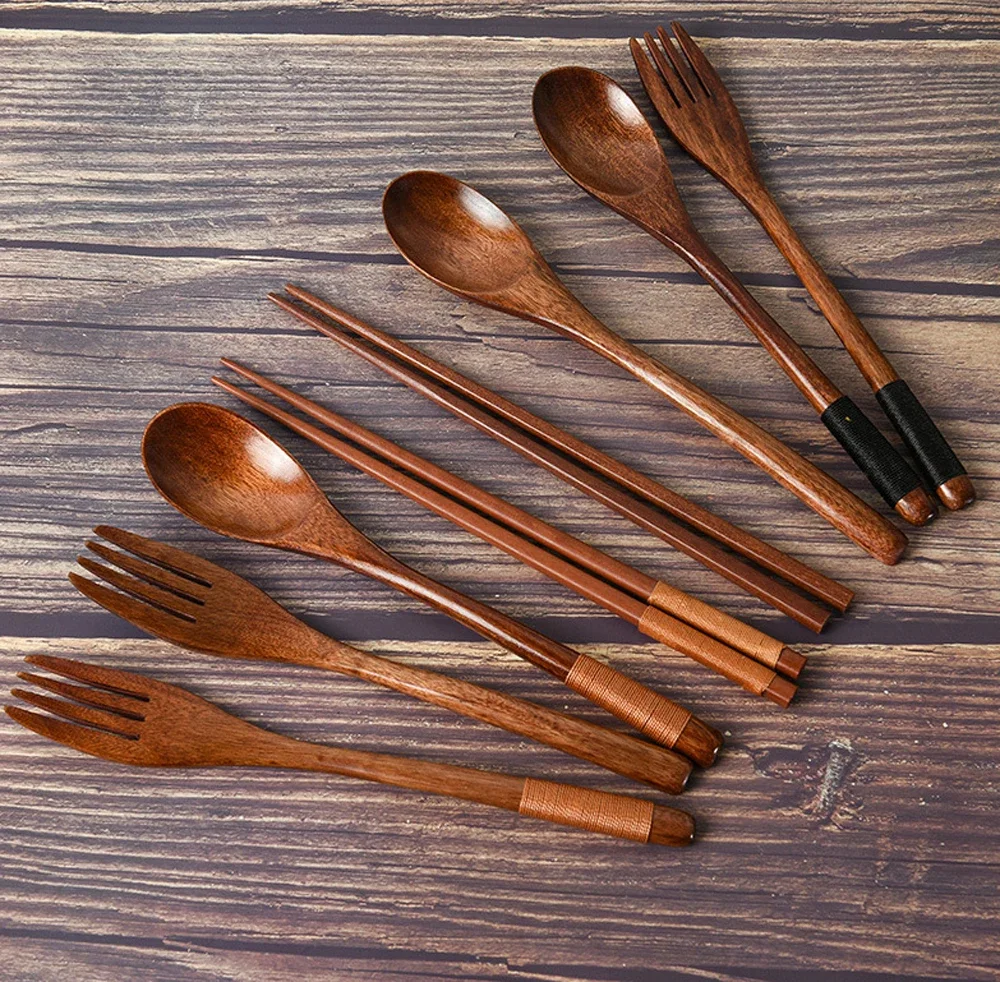 3-teiliges Geschirr, Naturholz, Geschirr, Löffel, Essstäbchen, Gabel, Abendessen, tragbares Geschirr, Getreide, Haushalt, Küche, Besteck-Set – Detail 8