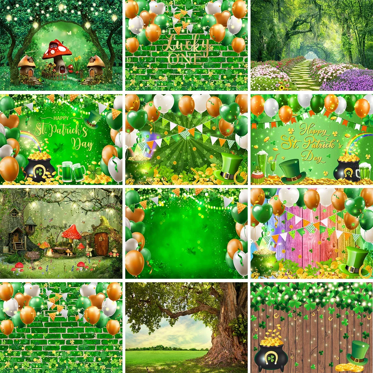 Mocsicka St Patrick's Day Backdrop Party Banner Gold Shiny Balloon Green Clover Lucky Baby Birthday Decor Photocall Background