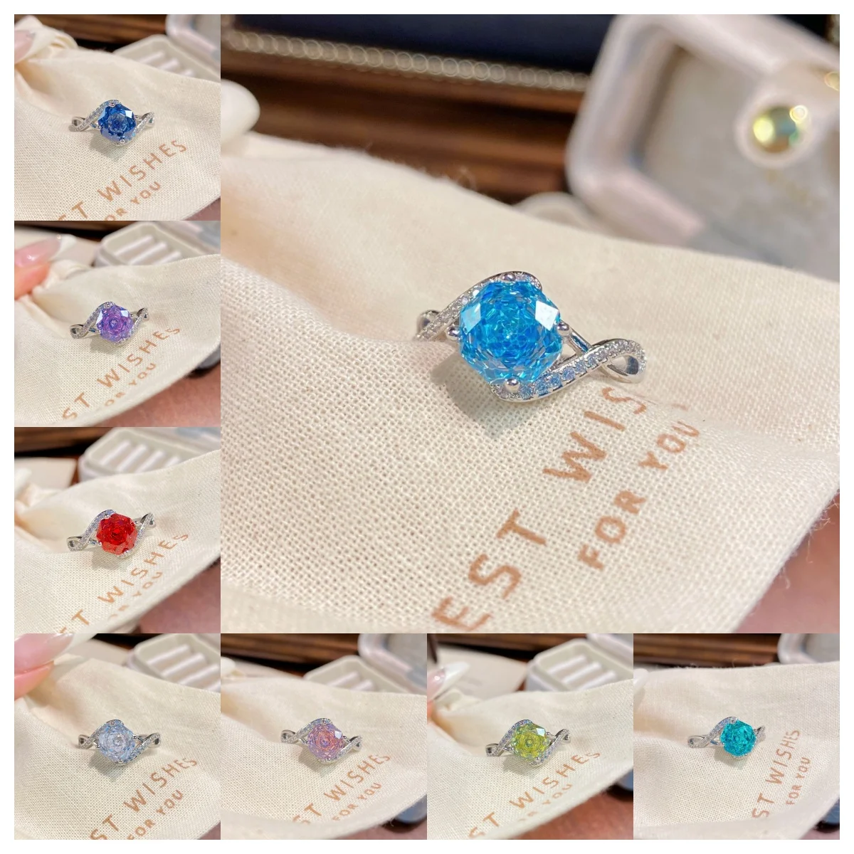 925 Sterling Silver Light Luxury Fashion Rose Cut High-Grade Inlaid High Carbon Diamond Full Stone Colored Gemstone Ring
