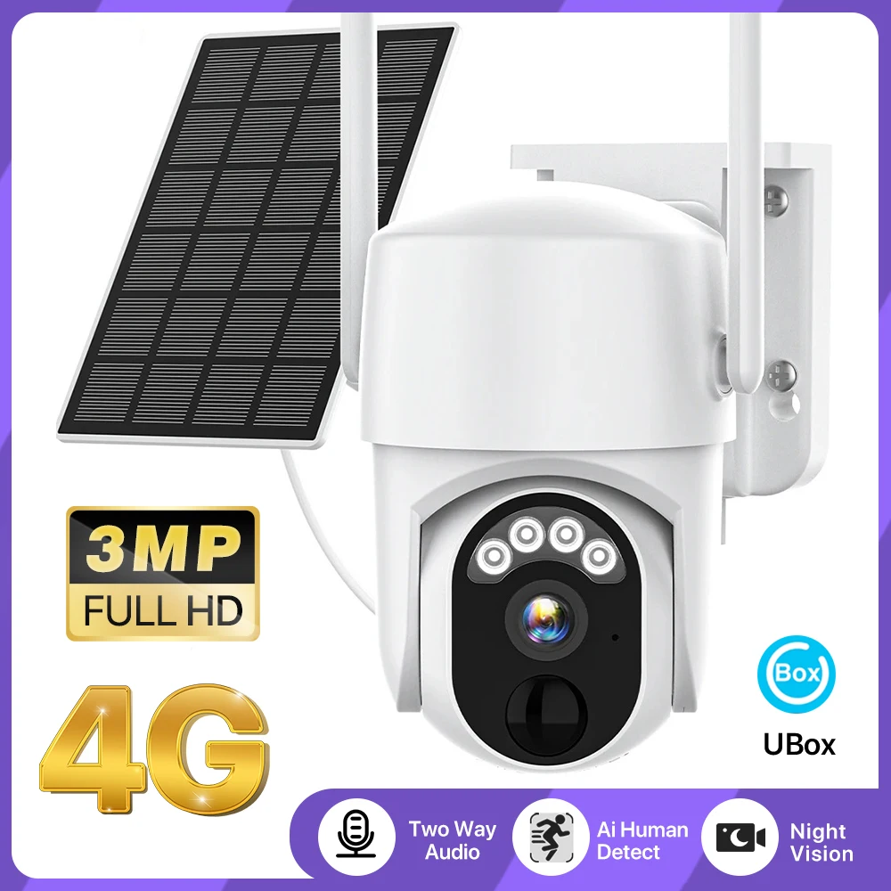 

4G IP-камера на солнечной энергии 3MP 1080P Wi-Fi PTZ Открытый Встроенный аккумулятор PIR Обнаружение Водонепроницаемая камера видеонаблюдения UBox