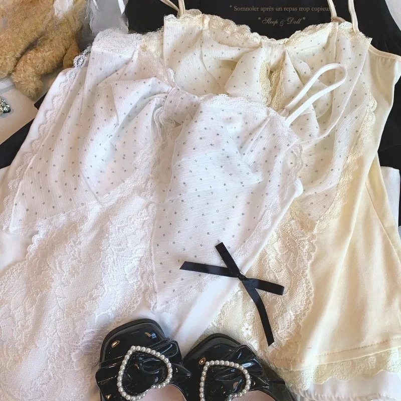 Novedad de verano, ropa de abrigo versátil para niñas, Top sin mangas Vintage, dulce puro deseo, camisola de retazos de encaje con lazo grande