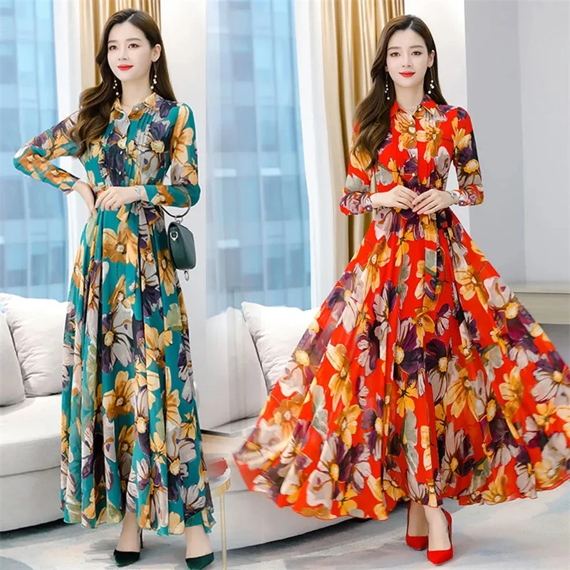 2025 Spring Long Sleeve Beach Maxi Dress Korean Fashion Chiffon Elegant Blue Tunics Casual Floral Evening Dresses For Women