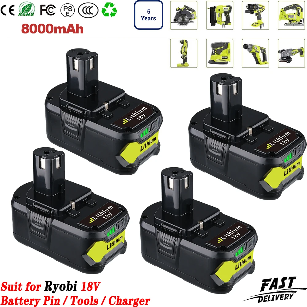

1/2/4 шт., 18 В, 8,0 Ач P108, замена для Ryobi, 18-вольтовый литий-ионный аккумулятор P102 P105 P107 P109 P122, для Ryobi ONE + аккумуляторная дрель, инструмент